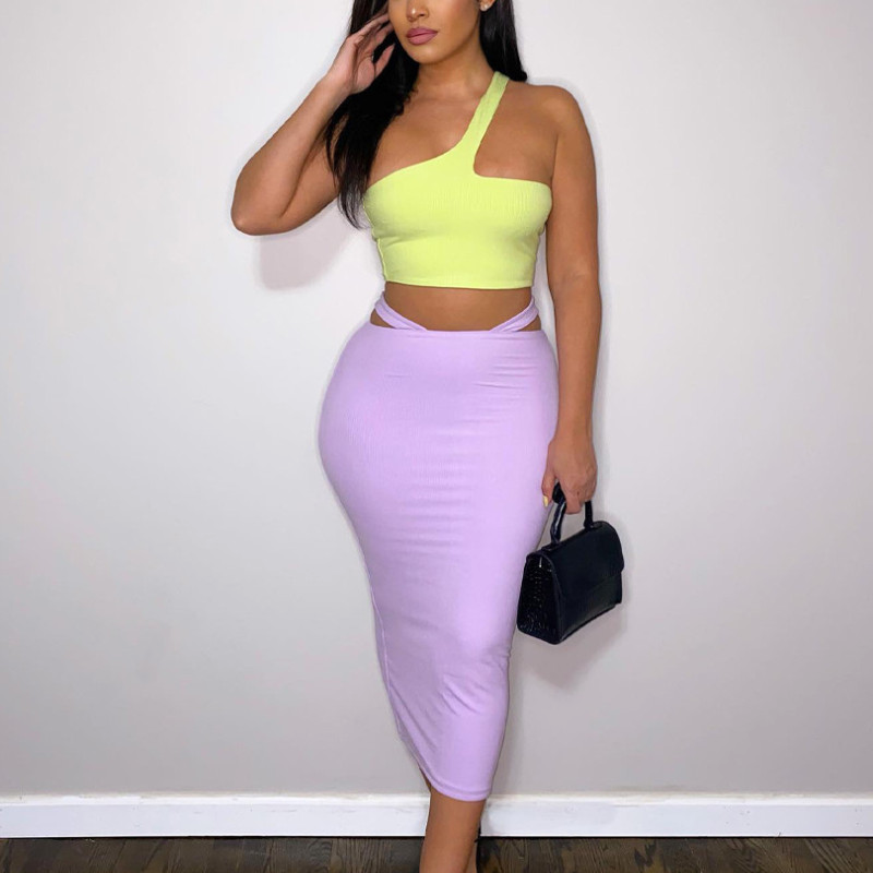 Women One Shoulder Crop Tank Tops Pencil Midi Skirt Two Piece Set Suit