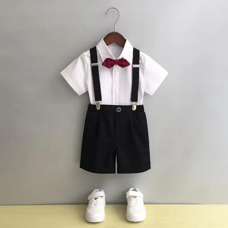 Kids Toddler Big Boys Summer Fashion Casual British Style Bow Shirt Suspender Trousers Boys Party Clothing Set