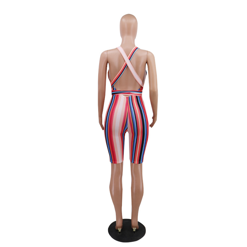 Woman Colorful Striped Bandage Sports Fashion Jumpsuits