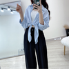 Simple Basic Summer Women Knotted Solid Color Lapel Blouse