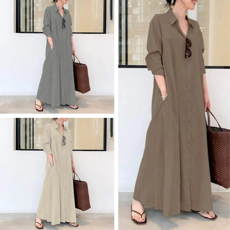 (Buy 1 Get 1) Casual Ramadan /Eid Women Solid Color Lapel Long Sleeve Pocket Simple Shirt Maxi Dress