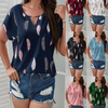 Fashion Casual Summer Vacation Plus Size Women V-Neck Feather Print Short-Sleeved Casual Blouse