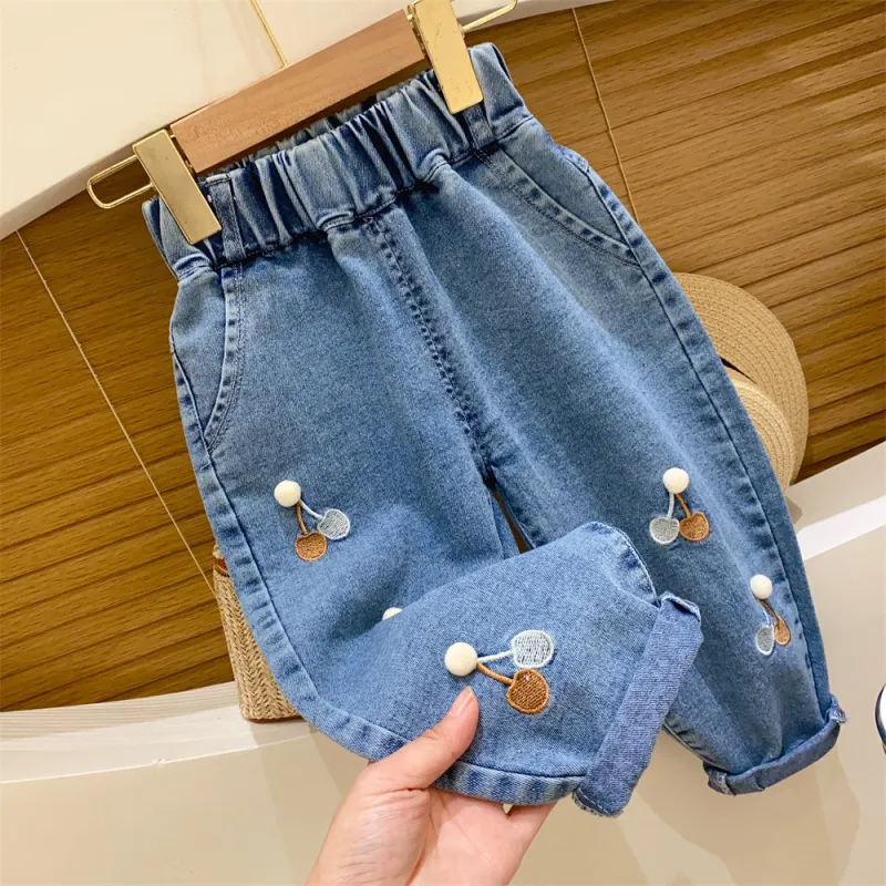 Children Kids Baby Fashion Girls Casual Embroidered Cartoon Denim Pants