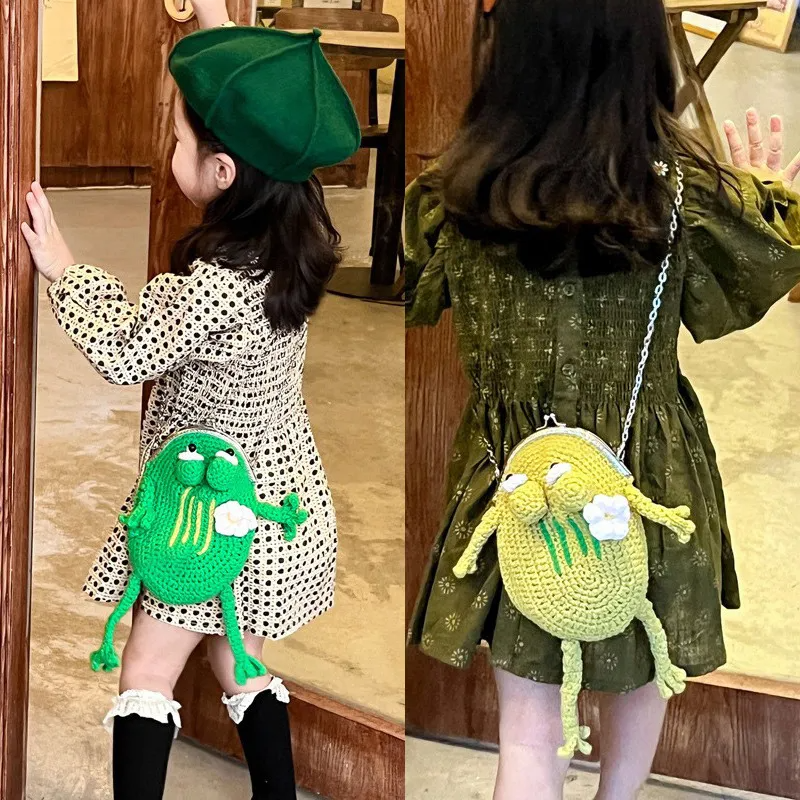 Children Kids Baby Fashion Girls Boys Cartoon Frog Knitted Chain Crossbody Messenger Bag