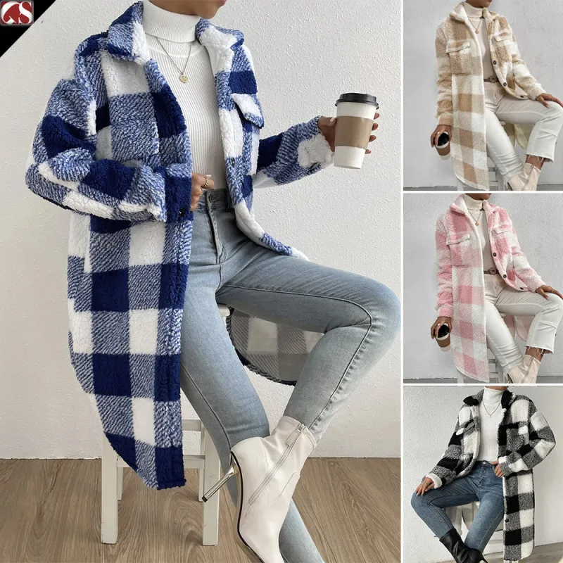 (Buy 1 Get 1) Autumn And Winter Women Fashion Open Button Lapel Plush Plaid Jacket Shacket Over Coat