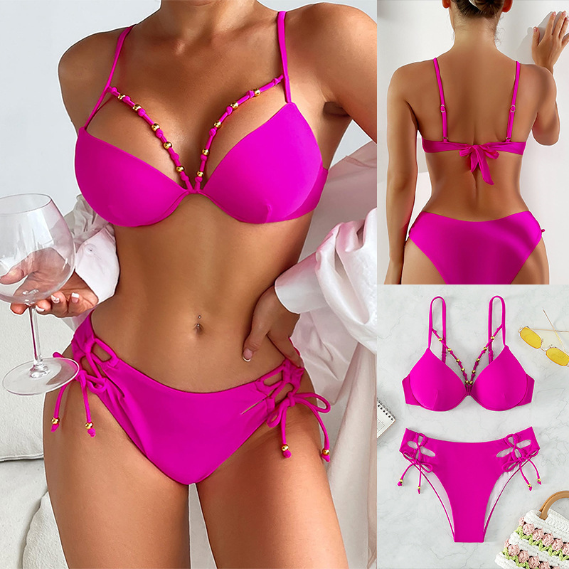 Solid Color Sexy Cut Cut Lace Up Women Swimsuit Bikini