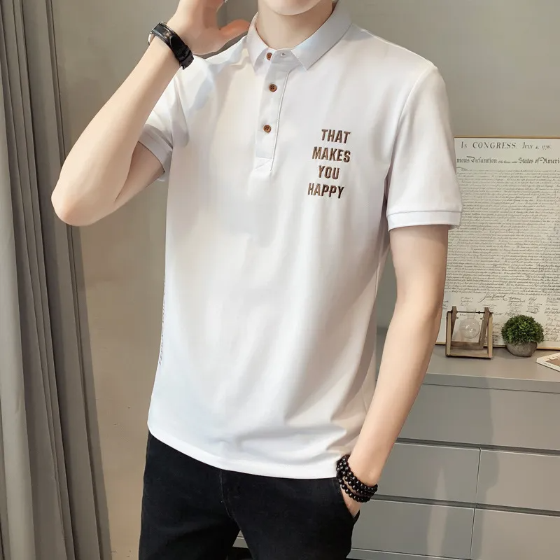 Men Casual Solid Color Letter Print Slim Fit Lapel Short Sleeve Polo Shirt