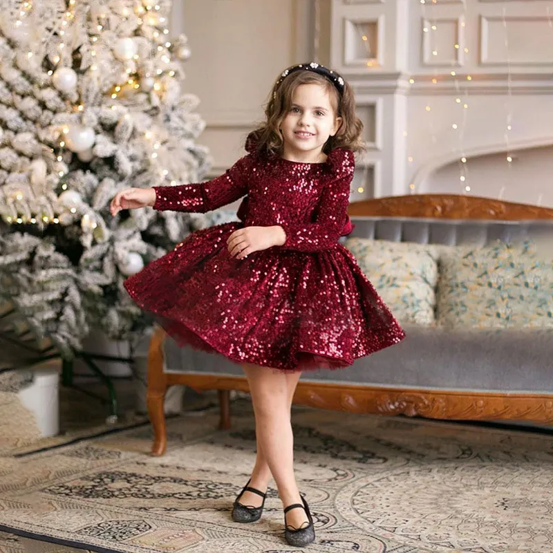 Kids Toddler Big Girls Fashion Party Cute Sweet Mesh Sequins Long Sleeve Tutu Princess Dress