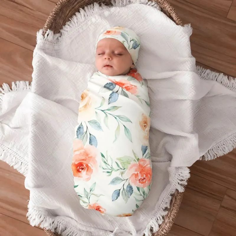 Toddlers Newborn Baby Fashion Print Swaddle Blanket Wrapping Towel And Headband Hat 3pcs Set