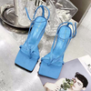 Women Fashion Sexy PU Solid Color Square Toe Stiletto Heel Ankle Strap Buckle Thong Sandals