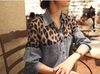 Women'S Fashion Casual Lapel Leopard Printing Denim Patchwork Shirt