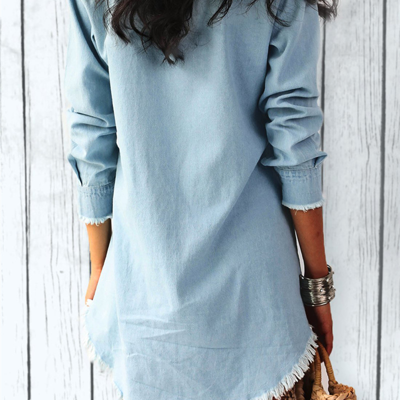 Women Fashion Lapel Long-Sleeve Tassel Denim Blouse