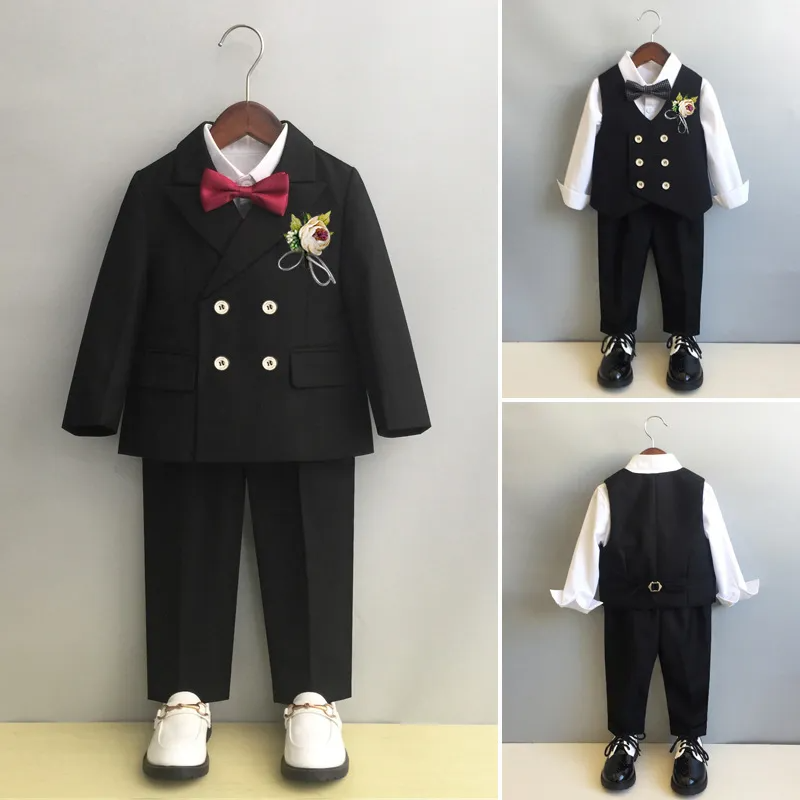 Kids Toddler Big Boys Autumn Winter Fashion Casual British Style Bow Waistcoat Shirt Pants Boys Party Clothing Set