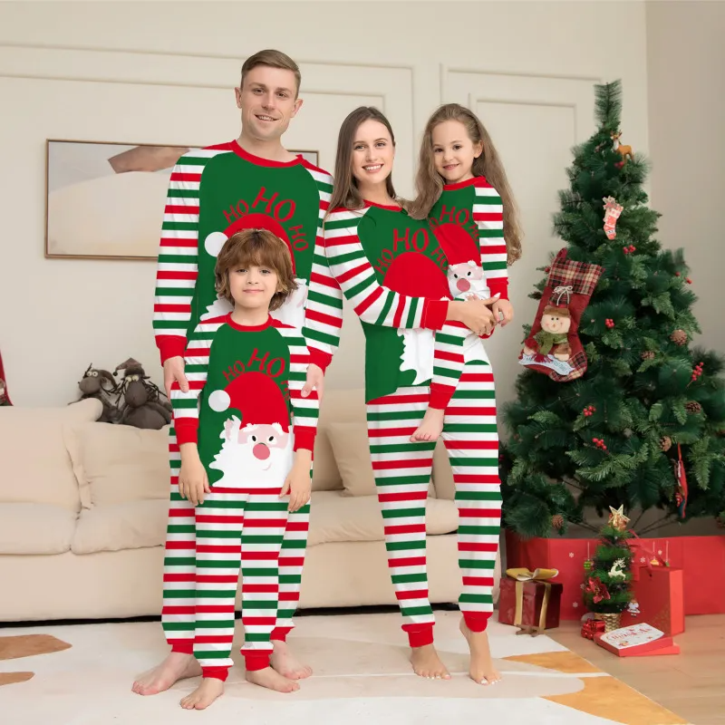 Christmas Cartoon Fashion Stripe Santa Claus Print Round Neck Long Sleeve Home Pajamas Parent-Child Suit