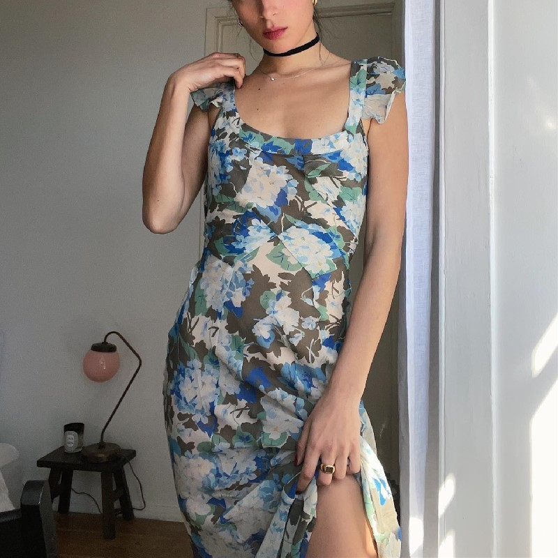 Women Fashion Elegant Floral Printing Sleeveless Long Dress