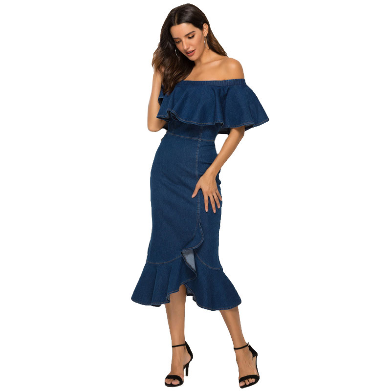 2 Pieces Women Fashion Off-The-Shoulder Irregular Hem Flounced Design Bodycon Denim Fish Tail Skirt