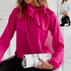 Women Fashion Solid Color High Collar Bow Loose Long Sleeve Shirt