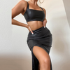 Women Fashion Solid Color Sleeveless Suspenders Top And Slim Pu Bodycon Skirt Fashion Two-Piece Set