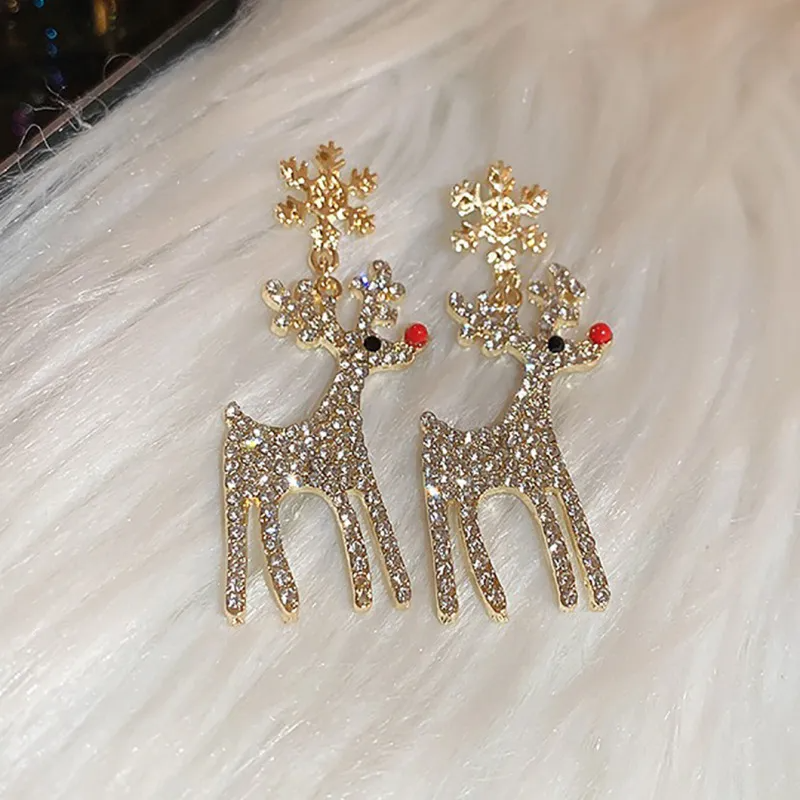 Women Fashion Simple Rhinestone Christmas Snowflake Elk Earrings