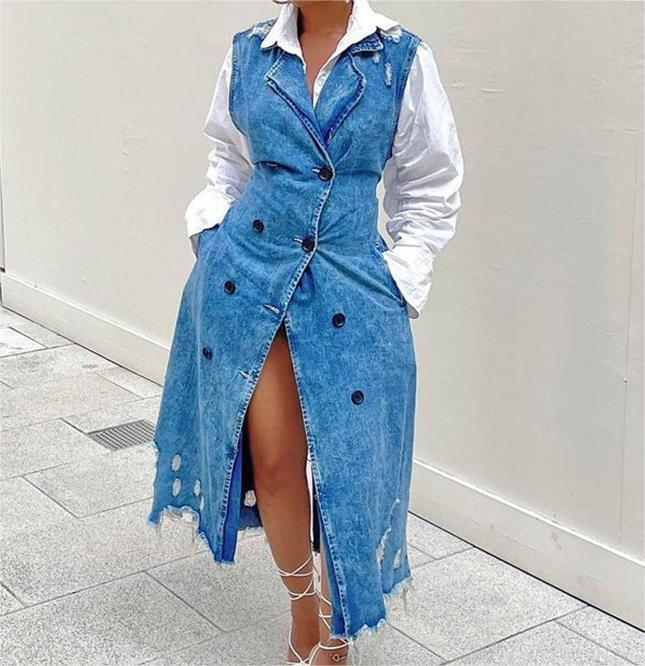 Women'S Fashion Double Breasted Long Sleeveless Denim Vest Overcoat