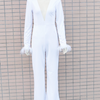 Women Solid V-Neck Mesh Feather Patchwork Long Sleeve Neck Waist Wide Leg Jumpsuit