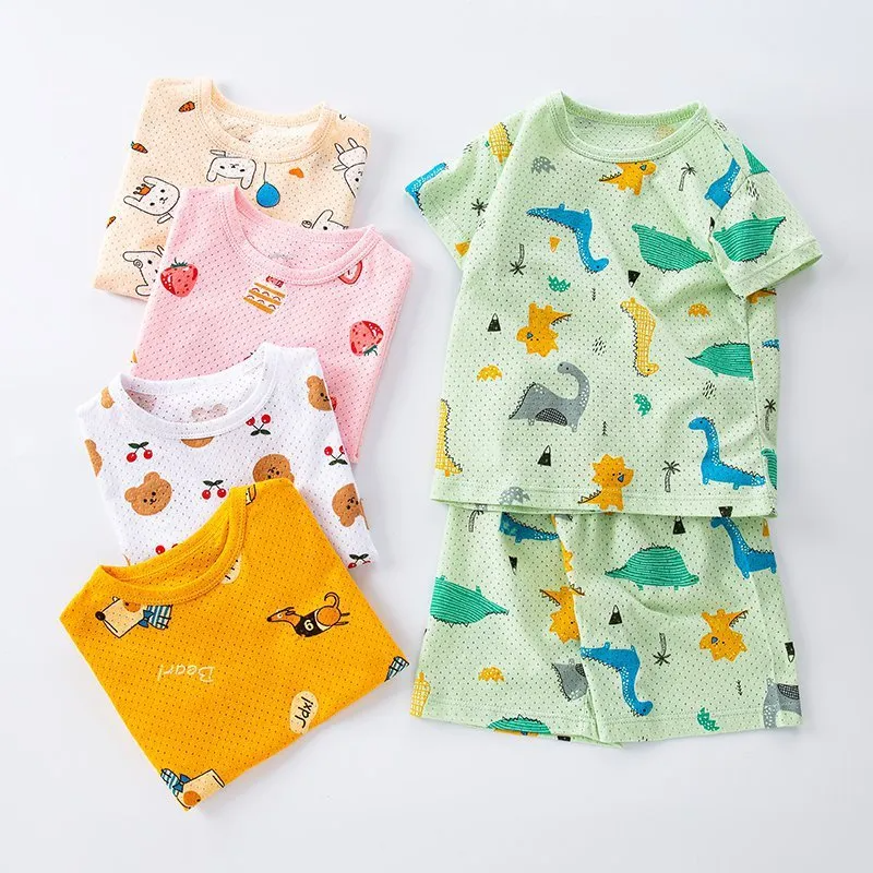 Children Kids Baby Fashion Girls Boys Basic Casual Short Sleeve Cartoon Print Top And Shorts 2pcs Set