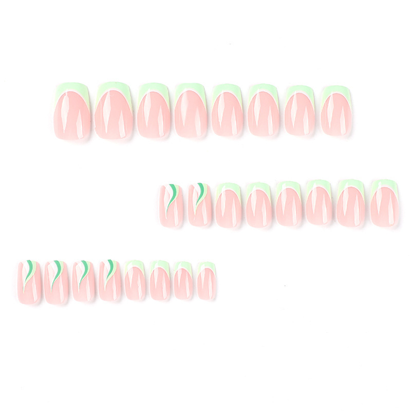 ( Buy 1 Get 2 ) Women Fashion Green And White Stitching Wavy Wearable False Nails