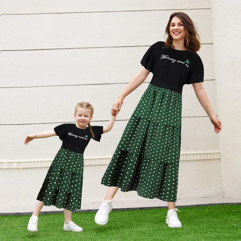 Fashion Family Matching Puff Sleeve Letter Polka Dot Printing Casual Mother-Daughter Dress