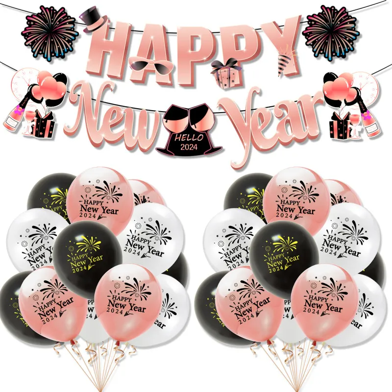 2024 New Year Theme Party Decoration Flag Rose Gold Balloon Set