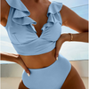 Women'S Sexy Solid Color Pleated Lace Double Strap Button Up Swimsuit Two-Piece Set