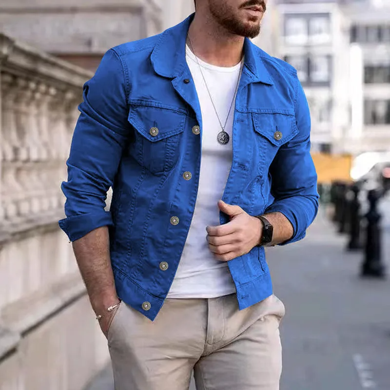 Men Fashion Casual Slim Fit Denim Jacket Multi Pocket Button Coat