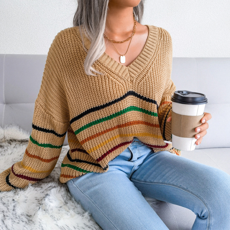 Women Casual Rainbow Stripe Loose V Neck Long Sleeve Knitted Sweater