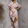 Women Fashion Casual Floral Printing V-Neck Short Sleeve Slit Dress