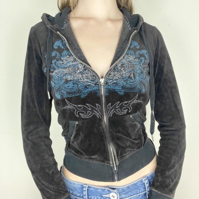 Women Autumn Winter Casual Printed Rhinestone Zipper Velvet Hoodie