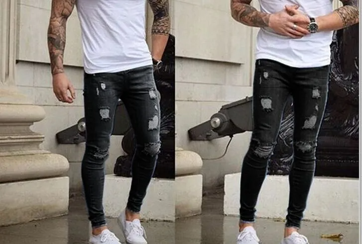 Men Casual Frayed Slim Jeans