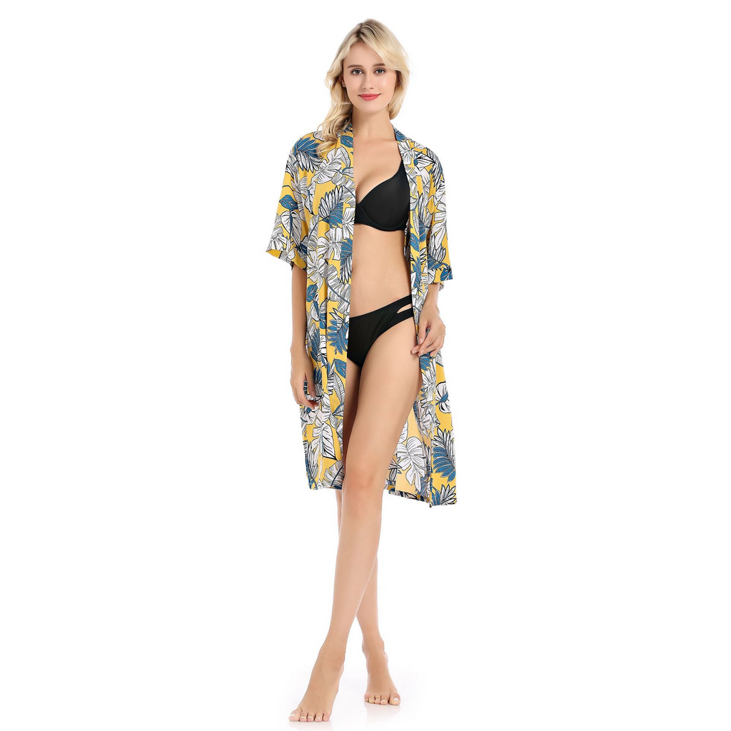 Women Leaf Print Lace-Up Home Pajamas Night-Robe