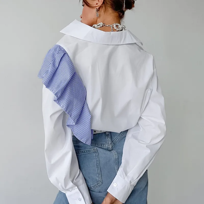 Women Simple White Collar Long Sleeve Ruffled Stitching Shirt