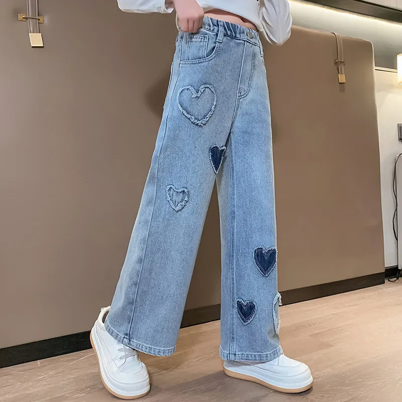 Kids Teen Toddler Big Girls Spring Autumn Fashion Casual Heart Straight Wide Leg Jeans