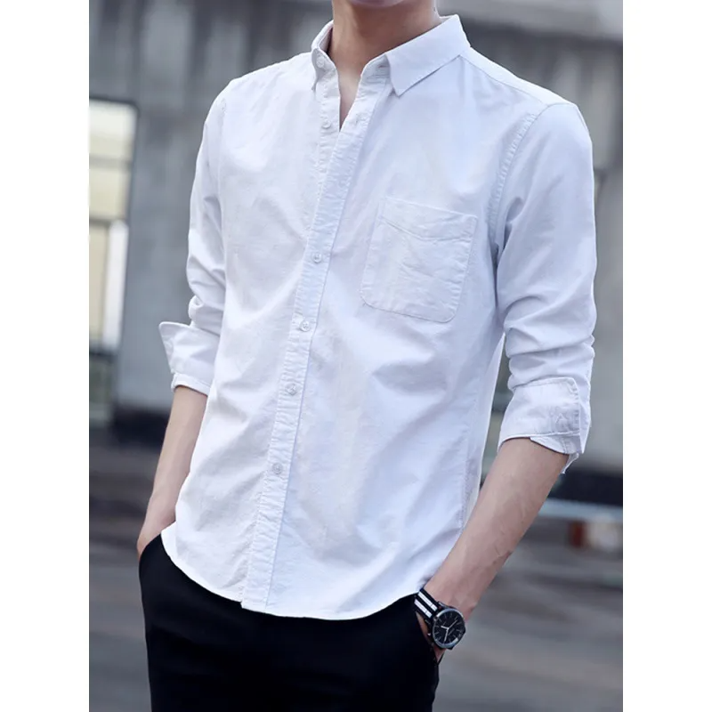 Men Casual Solid Color Single Breasted Lapel Long Sleeve Slim Shirt