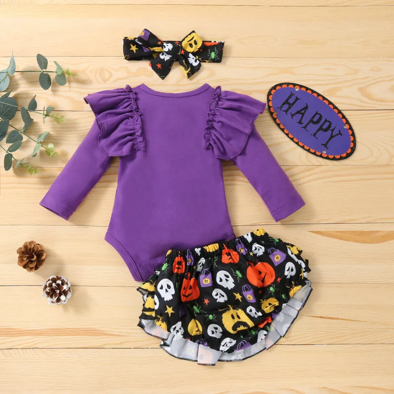 Kids Baby Girls Fashion Casual Halloween Solid Color Pumpkin Letter Round Neck Long Sleeve Romper Skull Spider Bow Skirt Dress Set