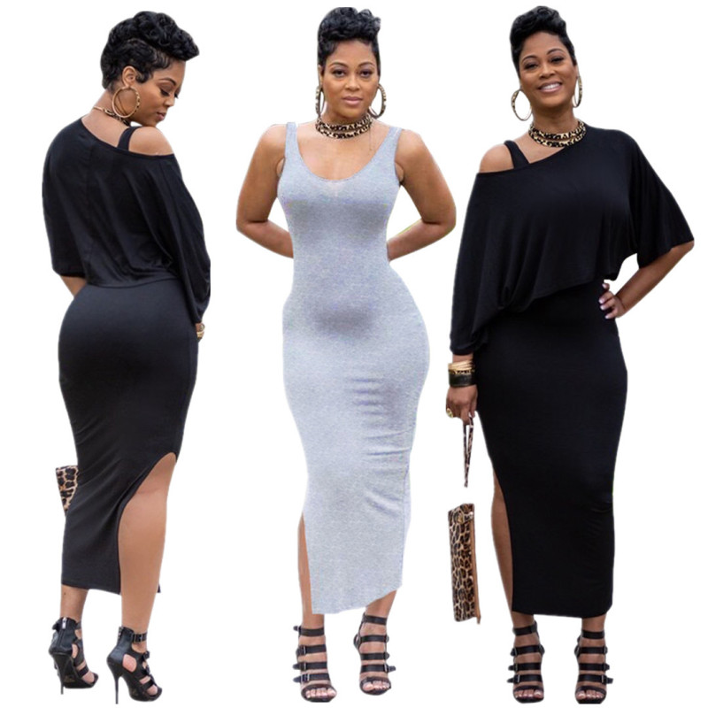 Women Solid Color Loose One Shoulder Top And Slit Skirt Stylish Two-Piece Set