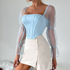 Women Fashion Elegant Low-Cut Sexy Solid Color See-Through Mesh Long-Sleeved Square Neck Blouse