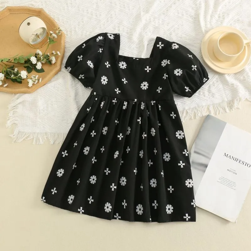 Children Kids Baby Fashion Girls Short Sleeve Flower Print Dress