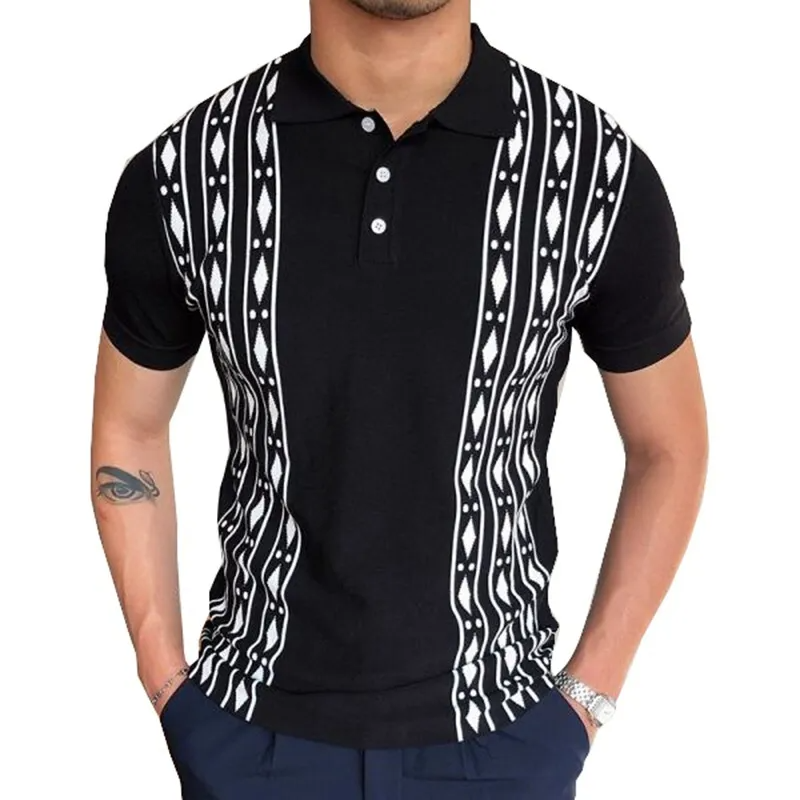 Men Casual Lapel Short Sleeve Jacquard Knitted Polo Shirt