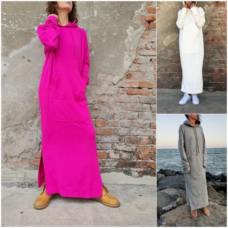 Women Ramadan /Eid Loose Casual Solid Color Knitted Hooded Long Sleeve Sweatshirt Plus Size Dress