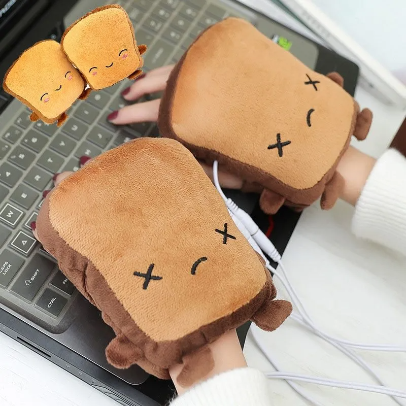 (Buy 1 Get 1) Usb Electric Heating Cute Hand Warmers Gloves For Typing Warmer Heated Gloves For Women Fingerless Cute Toast Shape Winter Gloves