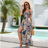 Women'S Sexy Deep V-Neck Floral Printed Side Slit Sleeveless Backless Suspenders Retro Vacation Beach Elastic Waist Lace Up Dress