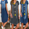 Women Casual Summer V Neck Pullover Short Sleeve Denim Dress