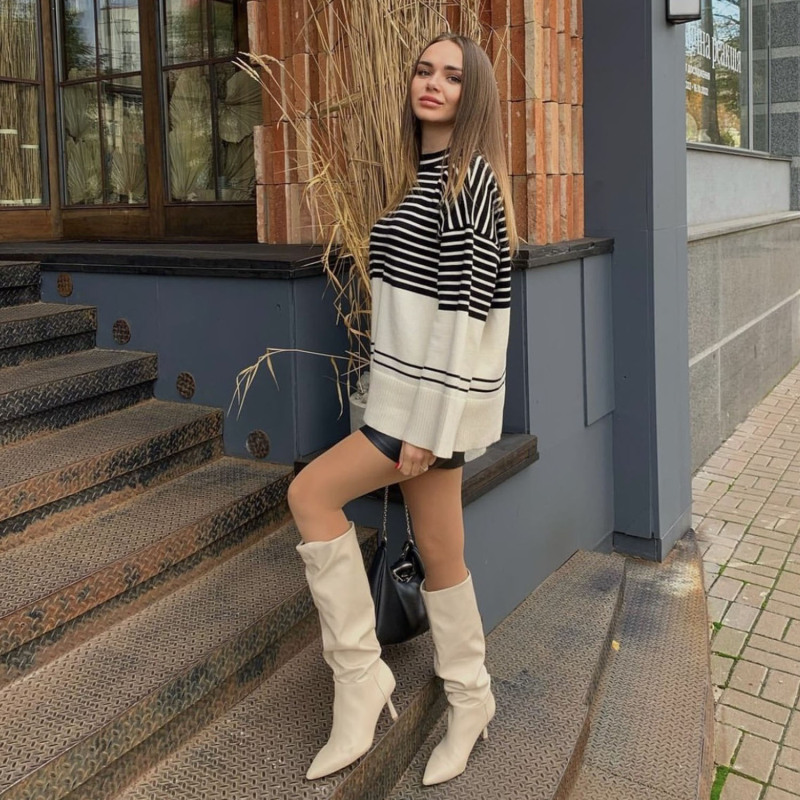 Fashion Women'S Casual Turtleneck Knitted Basic Stripe Pattern Loose Sweater Top