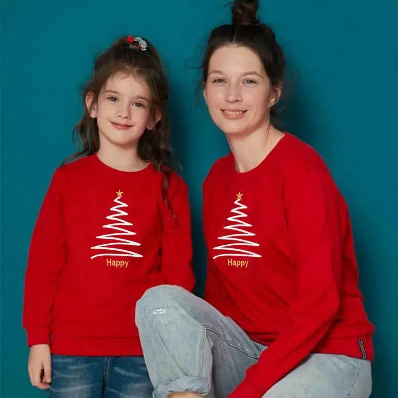 Family Fashion Simple Christmas Tree Print Crewneck Long Sleeve Sweatshirt